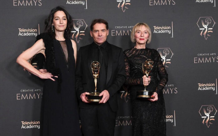 da sinistra Meredith Tucker, Francesco Vedovati e Barbara Giordani, Creative Arts Emmy gennaio 2024